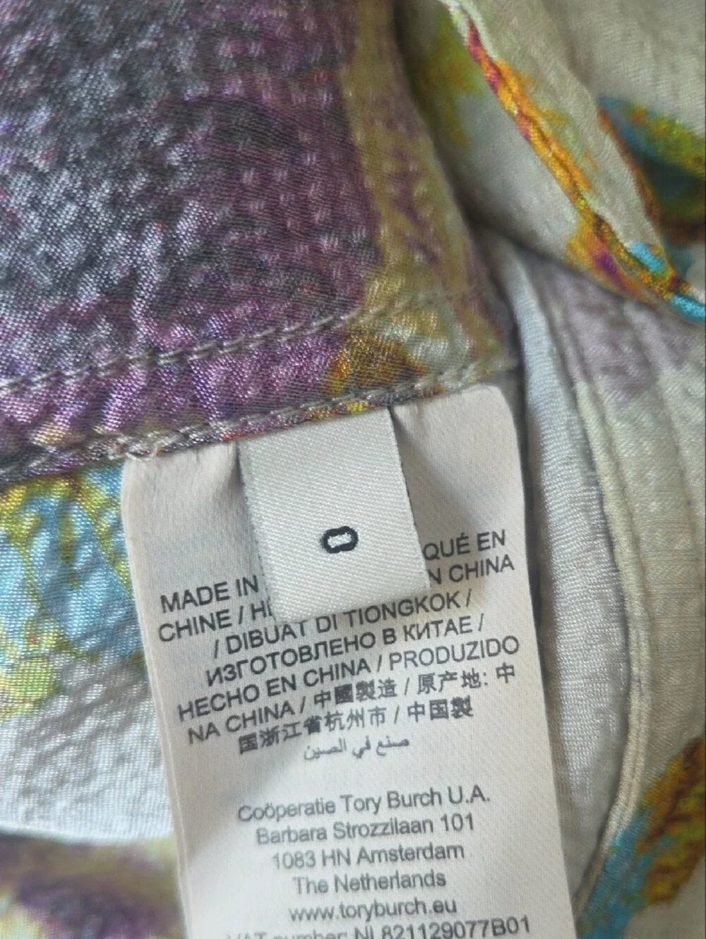 Tory Burch Cream Tie-Neck Blouse with Purple and Turquoise Floral Print